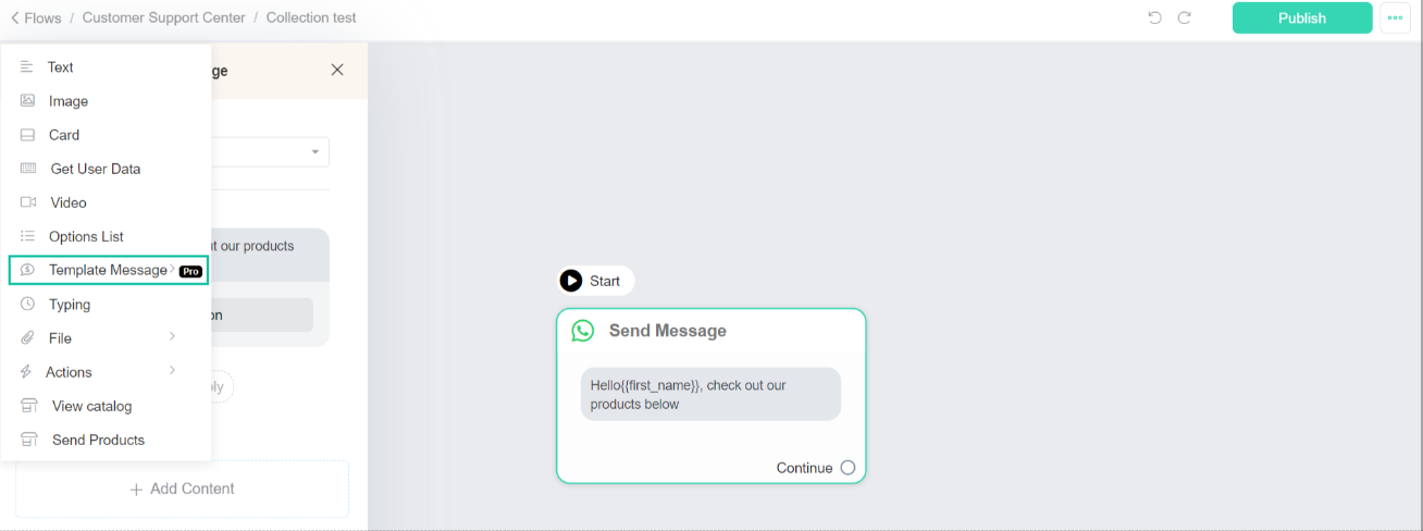 publica el flujo de mensaje de la plantilla de WhatsApp