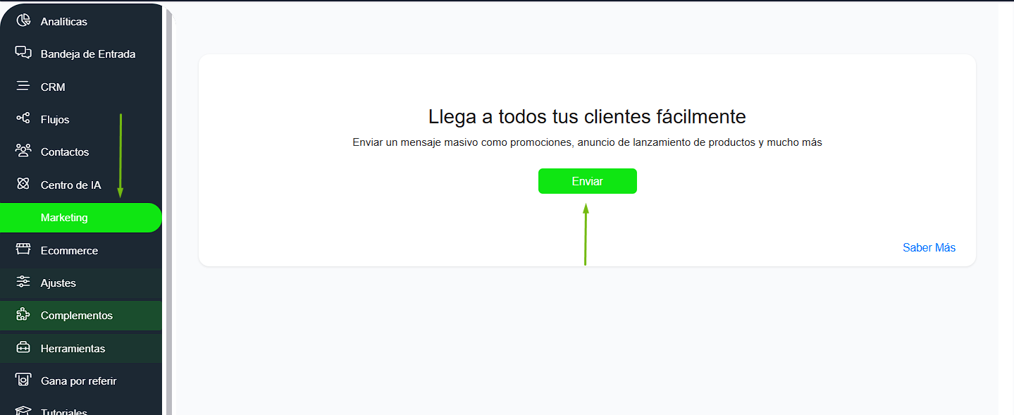 Menú Marketing en Whapify