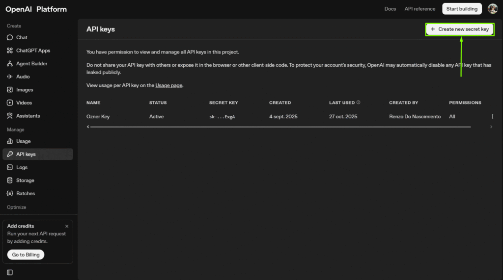Crear API Key en OpenAI