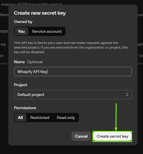 API Key creada en OpenAI