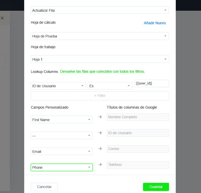 Actualizar fila Google Sheets