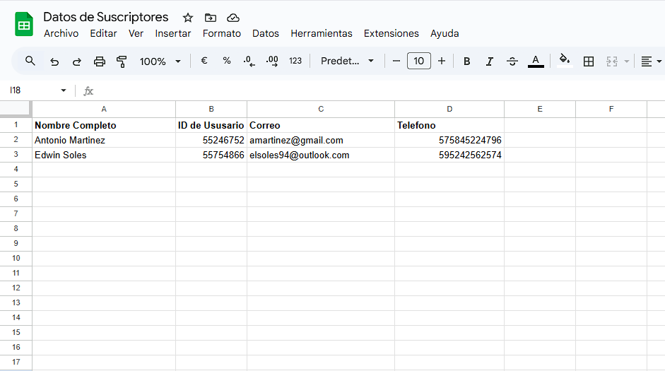 Datos exportados a Google Sheets