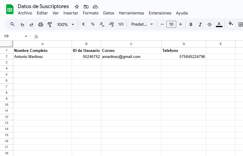 Ejemplo hoja Google Sheets
