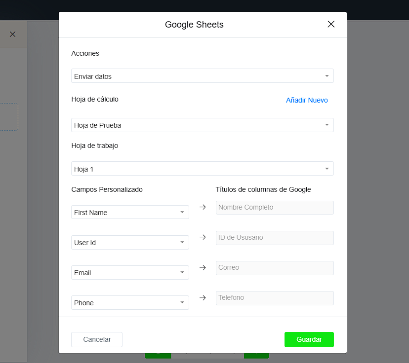 Enviar datos a Google Sheets