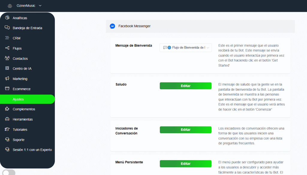 Componentes iniciales del bot de Messenger