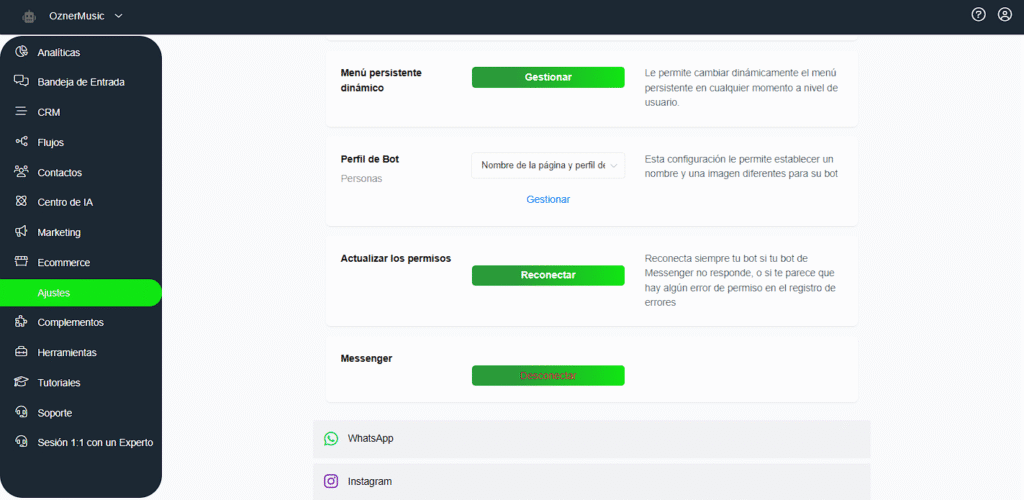 Configuración inicial del bot de Messenger en Whapify