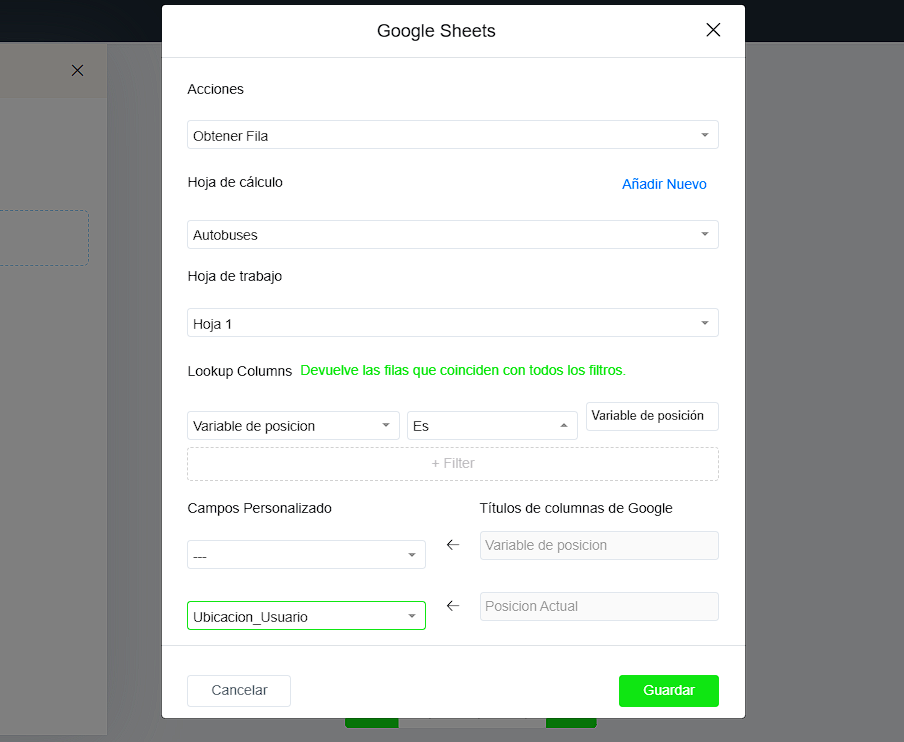 Configuración obtener fila