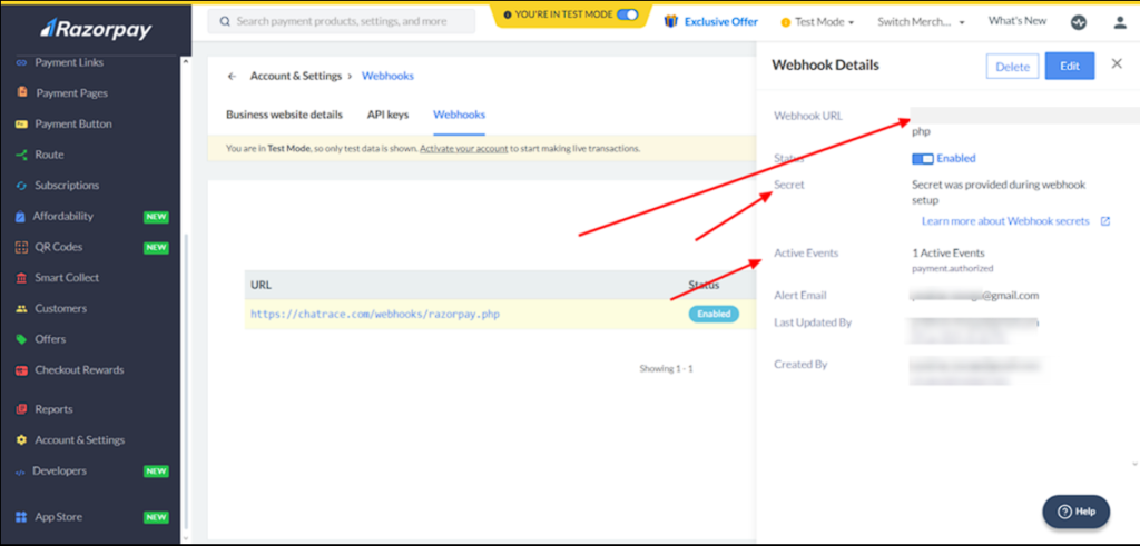 Webhook Razorpay configurado