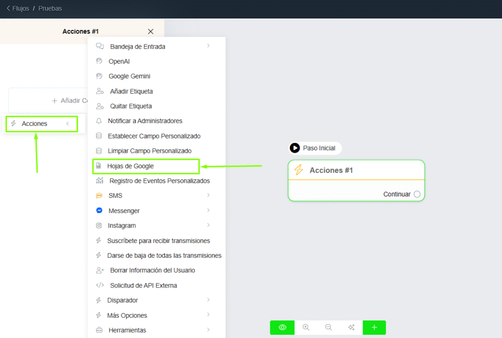 Seleccionar Google Sheets en flujo