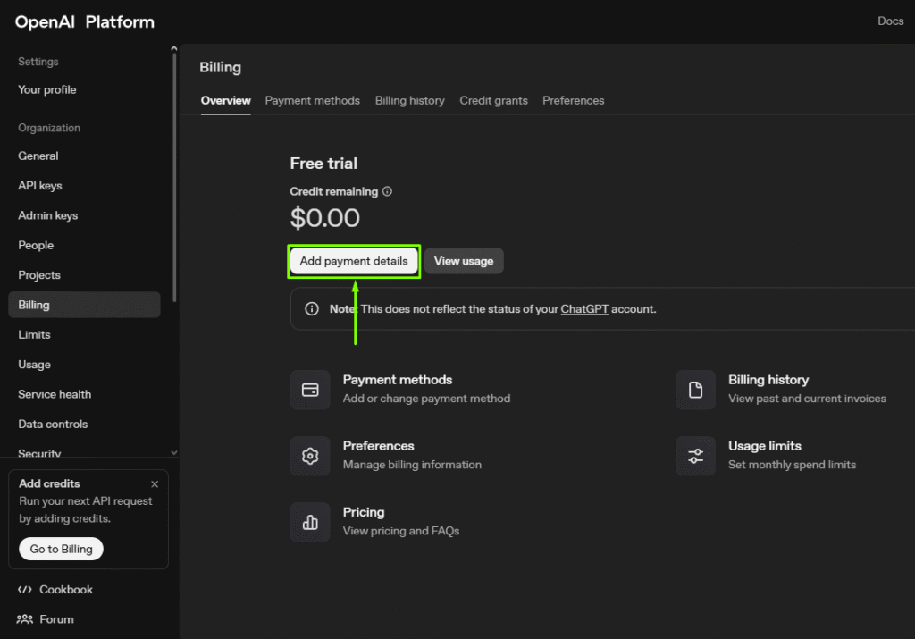 Agregar método de pago en OpenAI