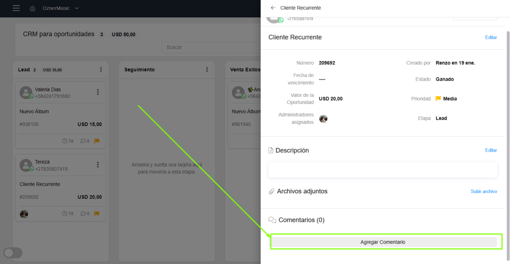 Agregar comentario a una oportunidad