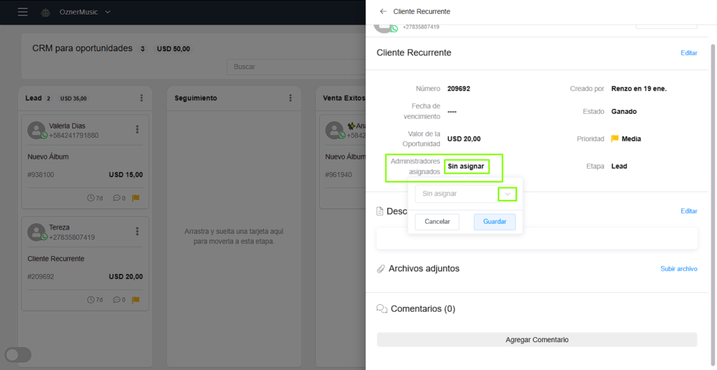 Asignar administrador a una oportunidad