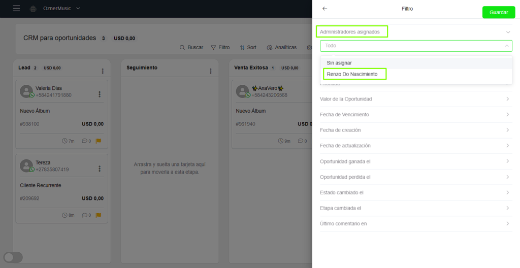 Filtro de administrador en el CRM