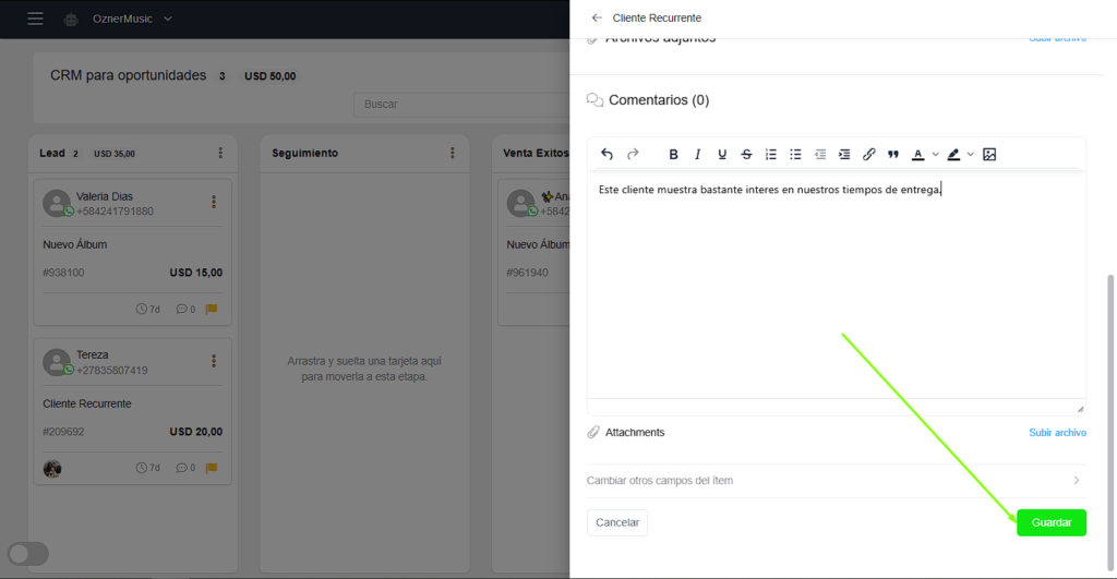 Guardar comentario en el CRM