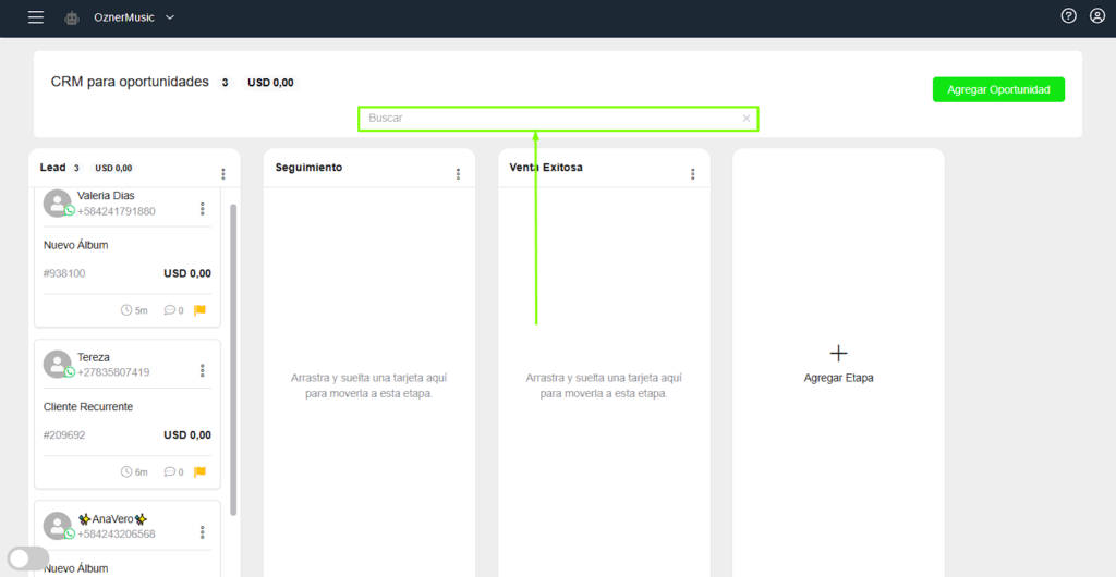 Menú de búsqueda del CRM