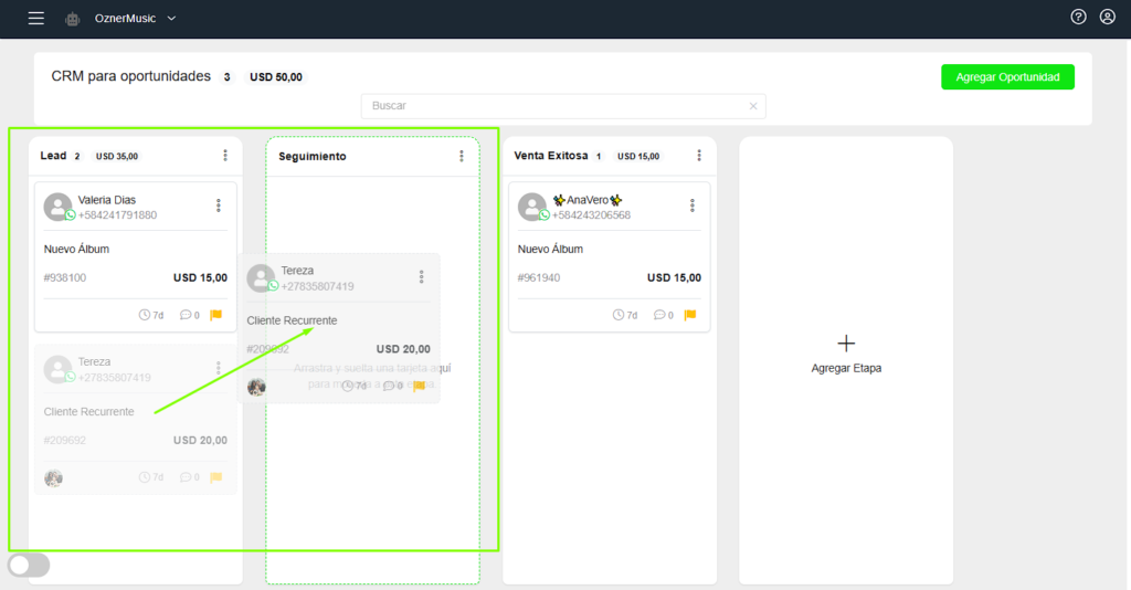 Mover oportunidad entre etapas del CRM