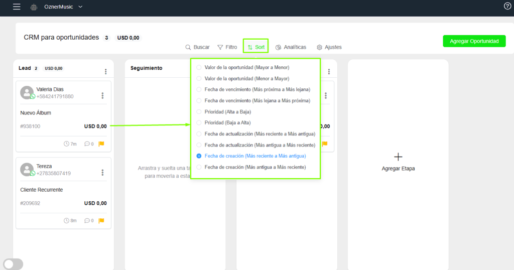 Ordenar CRM en Whapify