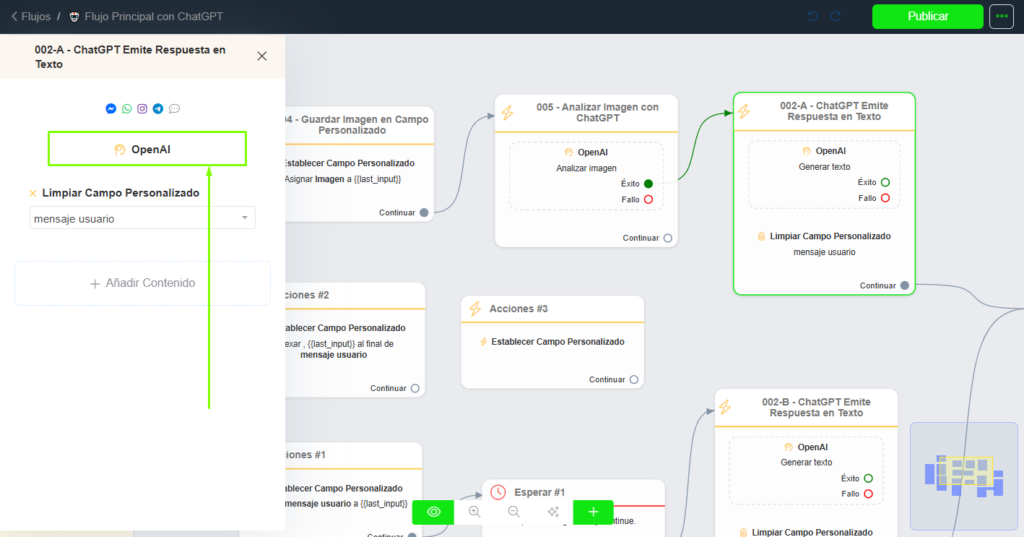 Ficha de IA en el flujo de Whapify