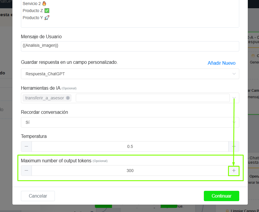 Ajuste de tokens en la ficha de IA