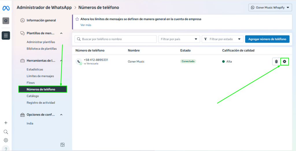 Opciones de número telefónico en Meta