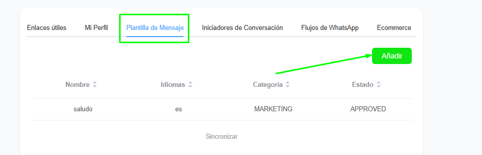 Pestaña de plantillas de mensajes