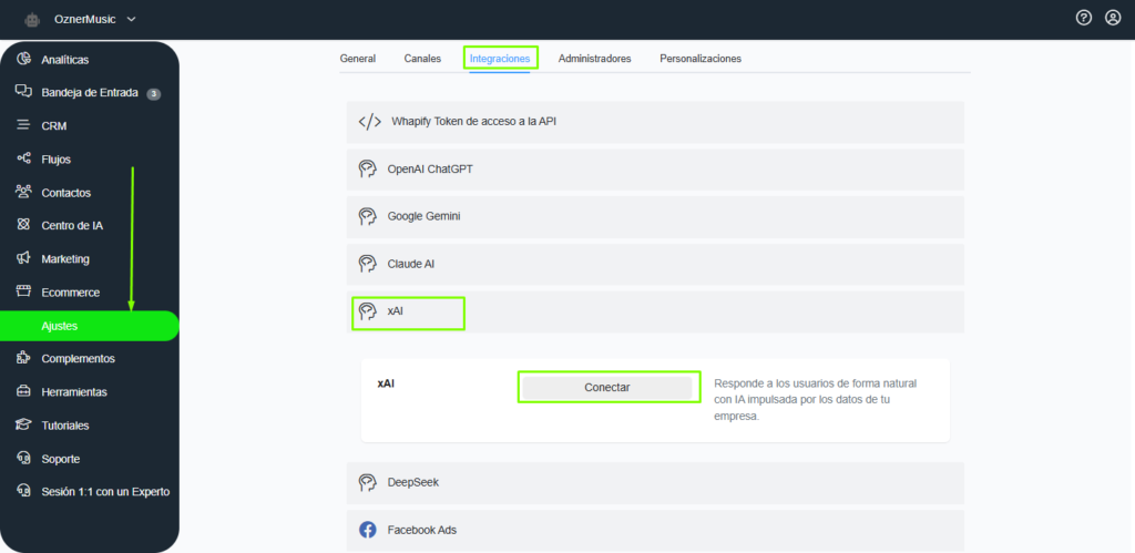 Menú de integraciones en Whapify