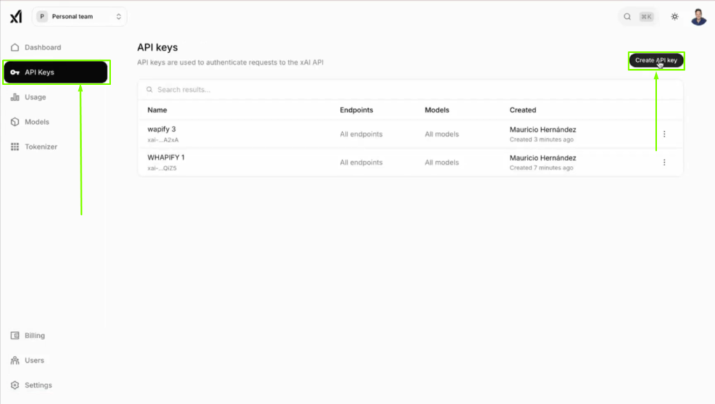 Botón crear API Key en xAI