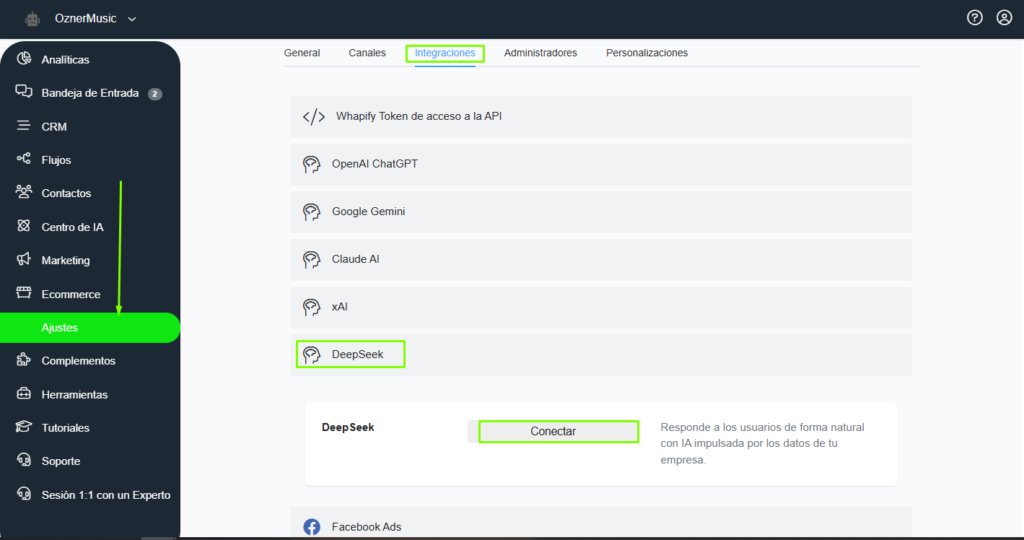 Conectar DeepSeek en Whapify
