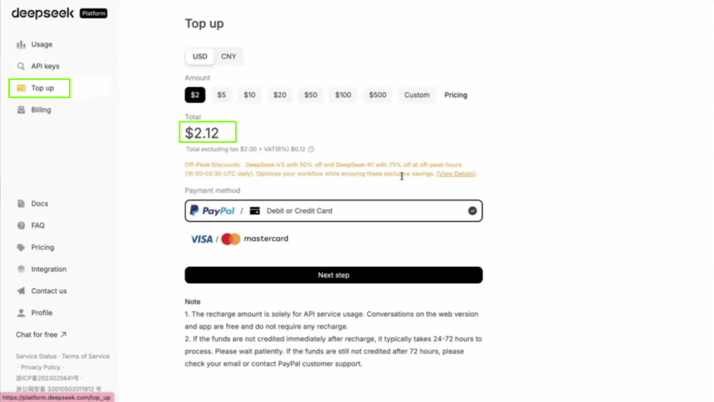 Recargar saldo en DeepSeek