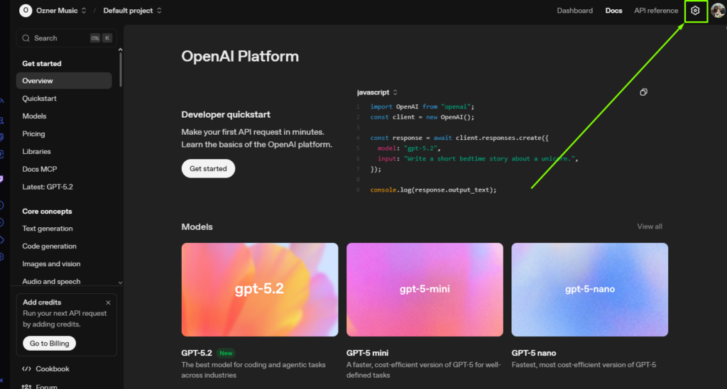 Menú de ajustes en OpenAI