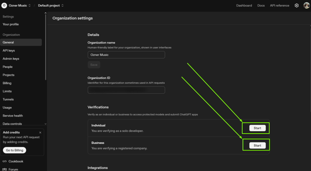 Botón para verificar negocio en OpenAI
