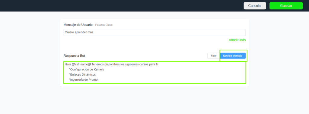 Configurar palabra clave con respuesta de texto