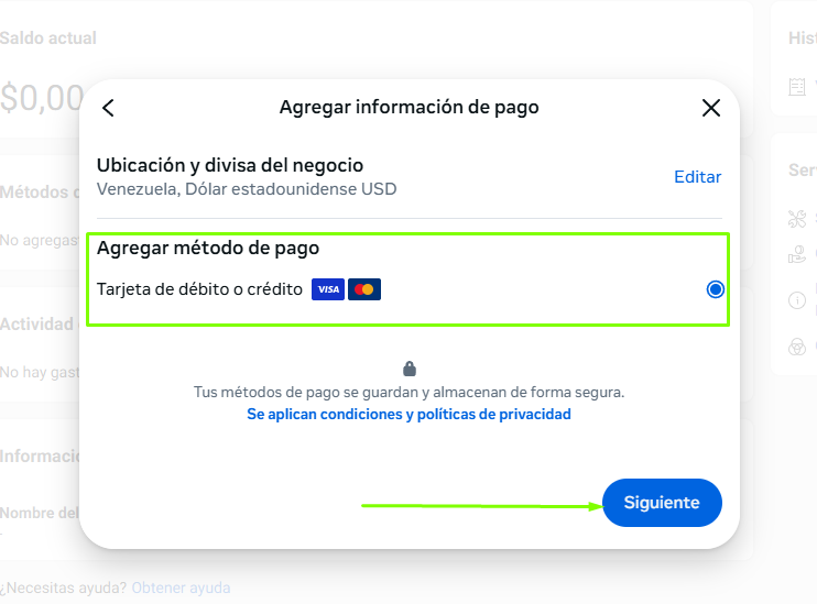 Selección de tipos de métodos de pago